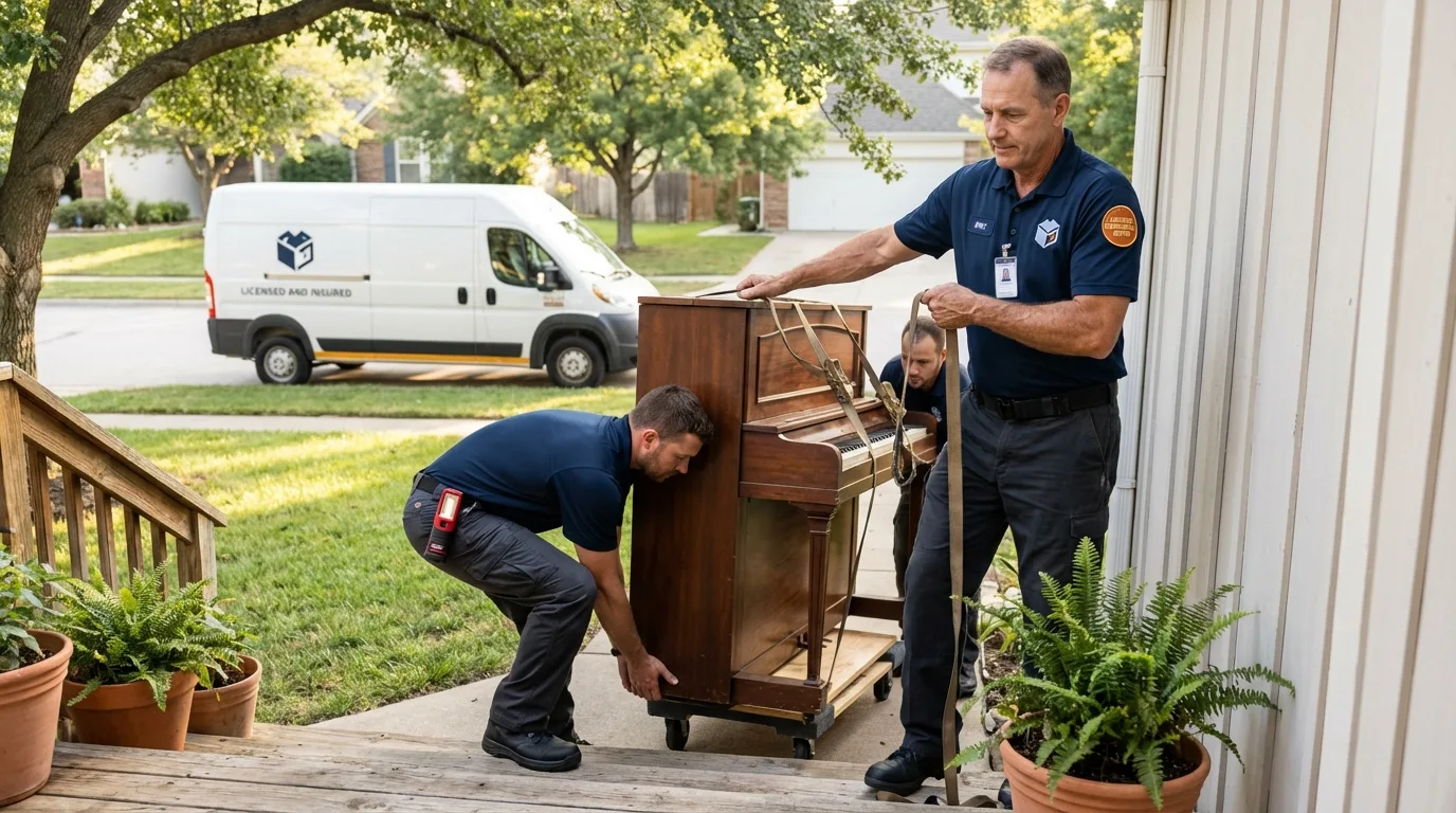 Licensed piano movers securing grand piano in Coosada, AL