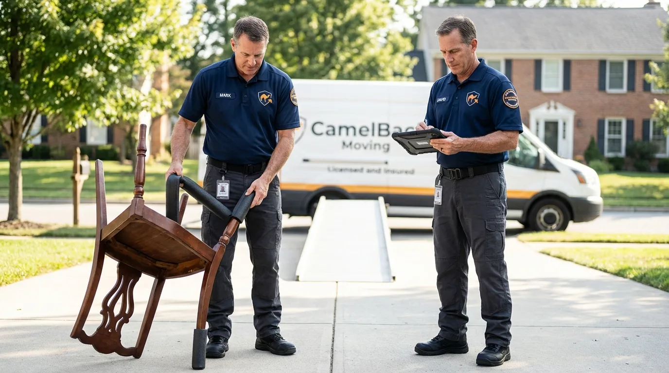 Movers inspecting furniture for damage prevention before loading in Coosada, AL
