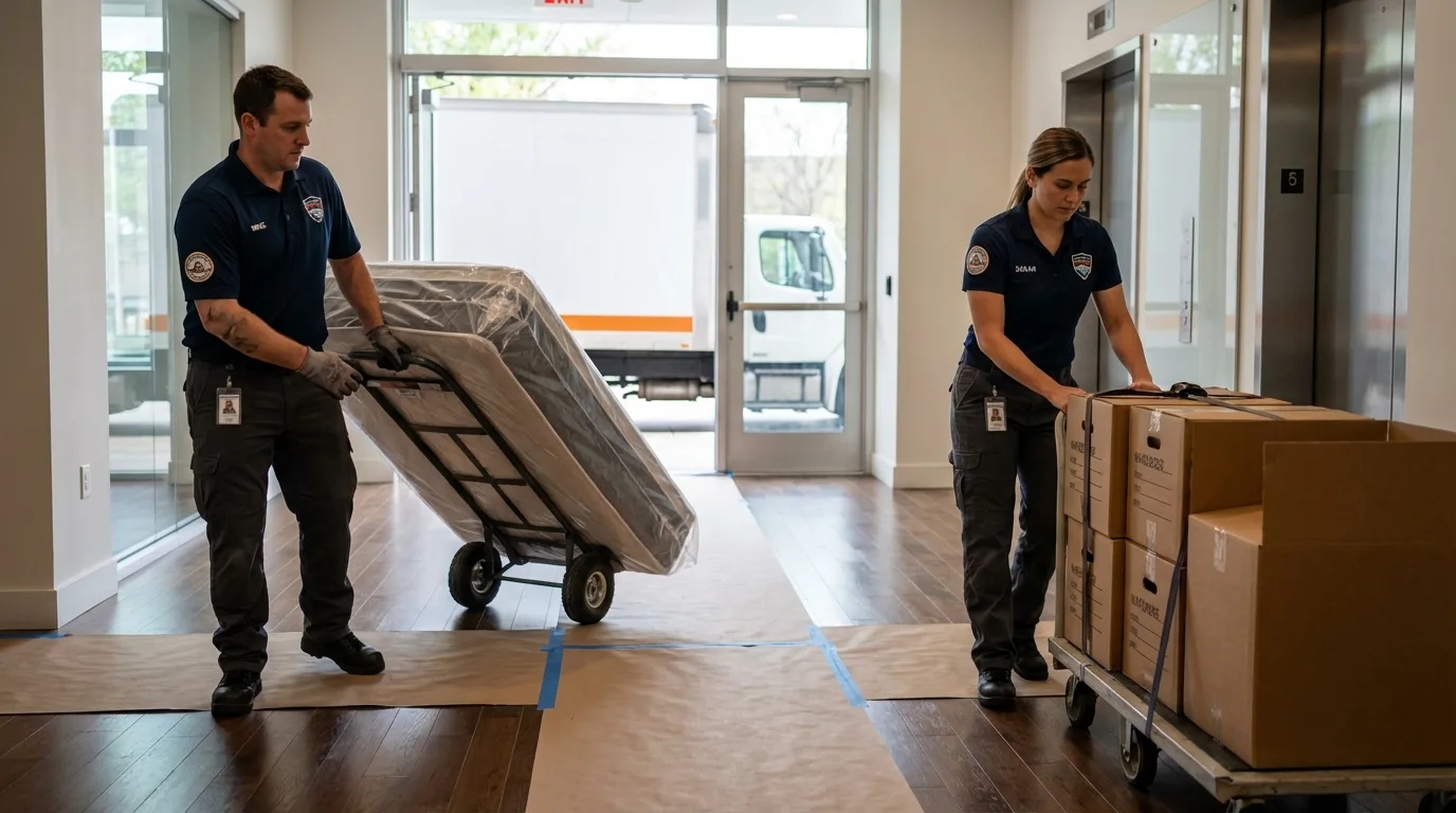 Professional apartment movers loading elevator in Coosada, AL